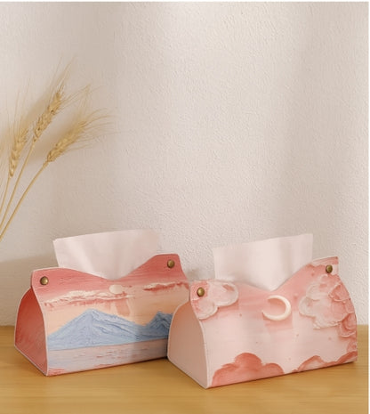 Aesthetic Leather Pink Tissue Case Large Storage Oil Painting Paper Towel Box Creative Durable Napkin Holder Home